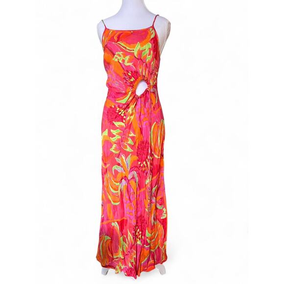 Farm Rio Fruit Brush Cutout Midi Dress Size Small Tropical Floral Vibrant Summer - Picture 1 of 8